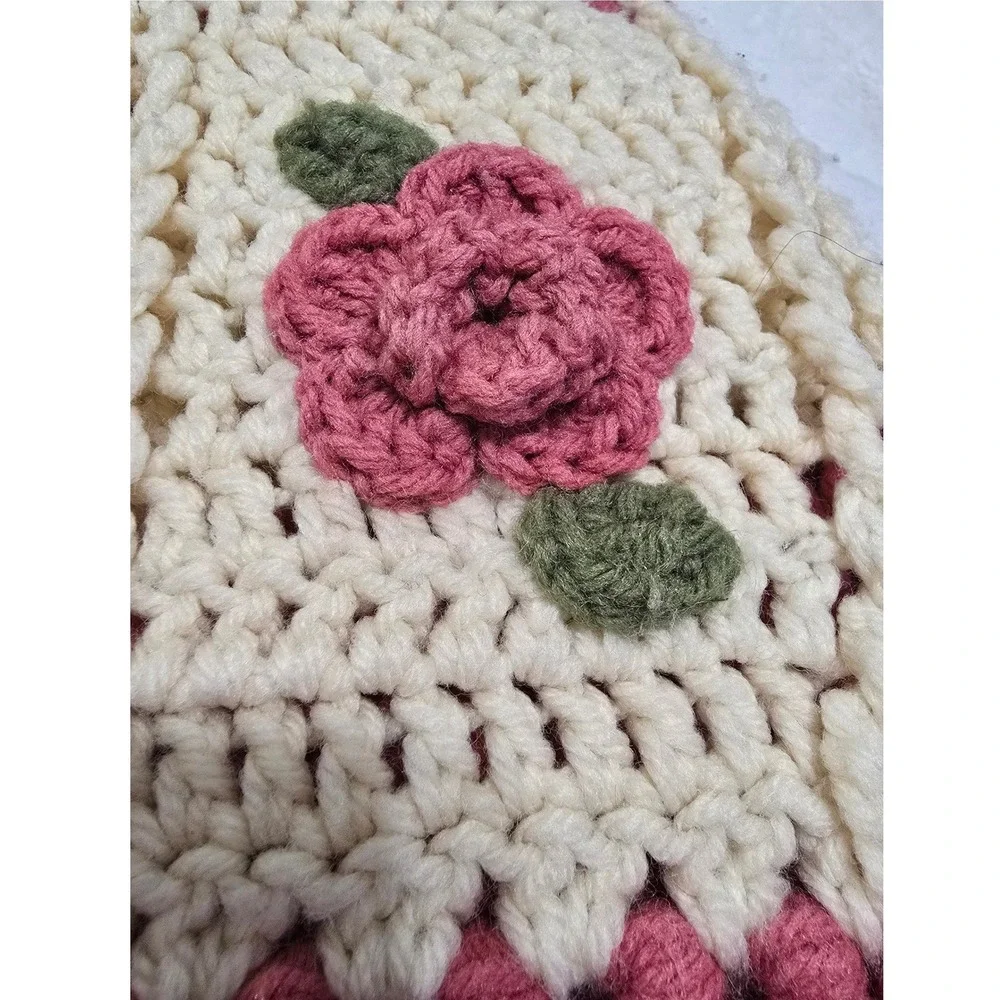 Vintage Handmade Crochet Rose Throw Blanket Cream Pink Floral Fringe Afghan